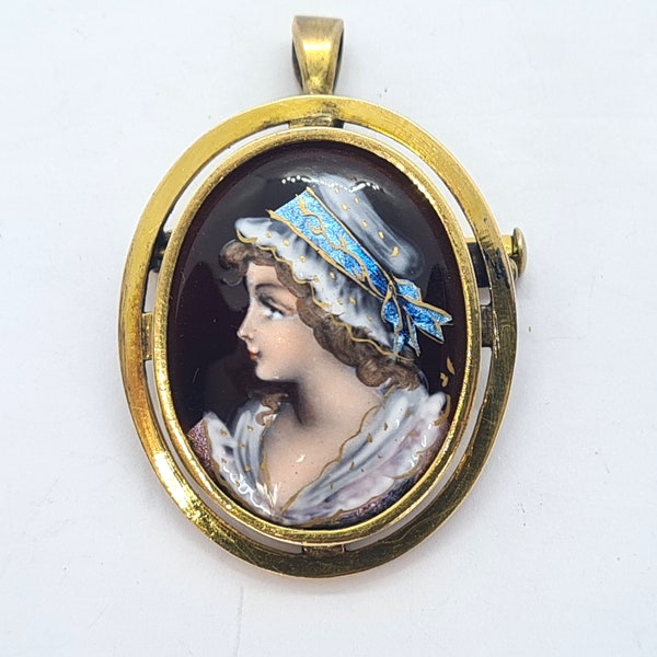 Antique French Limoges foiled enamel portrait brooch and pendant, gold filled