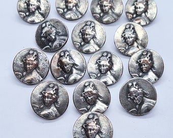 Set of 15 antique buttons, Art Nouveau lady head and shoulders, silver plated, 1.27cm