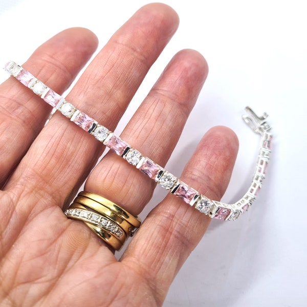 Vintage tennis bracelet, rhodium plated sterling silver, pink and clear CZ, beautiful gift for her, wedding, bridal, Mother's day
