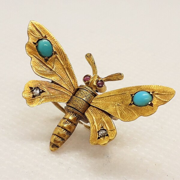RESERVED FOR S.  Antique 22ct yellow gold diamond ruby turquoise butterfly, stunning rare late Victorian to Edwardian wedding veil clip