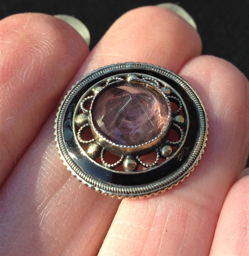 Antique Victorian Gay nineties silver gilt natural amethyst and enamel button Gay 90s unusual collectors item 1890s button