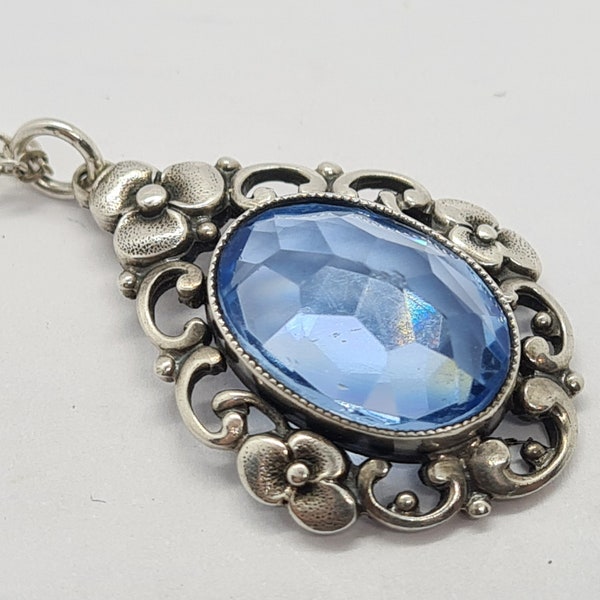 Jugendstil Schmidt-Staub & Co 835 silver pendant with aquamarine paste stone, circa 1920s, on 17 inch silver chain, wedding, something blue