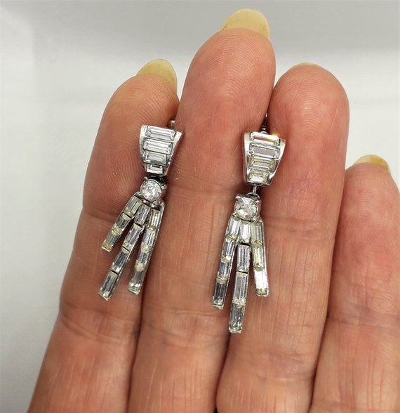 Art Deco baguette set drop earrings, rhodium plate