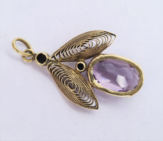 Vintage gold tone filigree amethyst glass pendant… - image 7