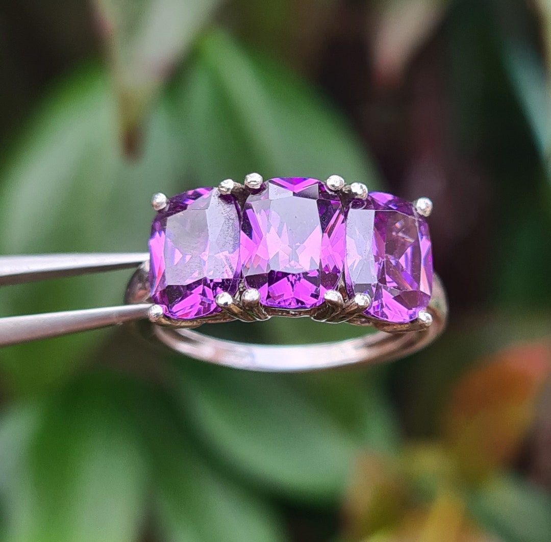 3 Stone Purple Iolite Dress Ring, Rhodium Plated Sterling Silver, Water
