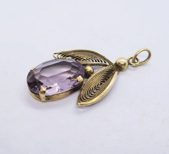 Vintage gold tone filigree amethyst glass pendant… - image 5