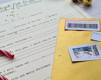 May include: A white letter addressed to Santa Claus with a candy cane, gold glitter, and a checklist for being good or naughty. The letter is on a gold background with a stamp of a snowman and a sticker that says "Reindeer Route 25 Office of Naughty & Nice".