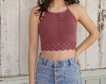 Häkeltop, crochet crop top, nachhaltig, recycelte Baumwolle, Sommertop, neckholder, weinrot