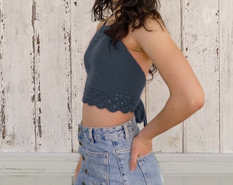 Häkeltop, crochet crop top, nachhaltig, recycelte Baumwolle, Sommertop, neckholder, dunkelblau