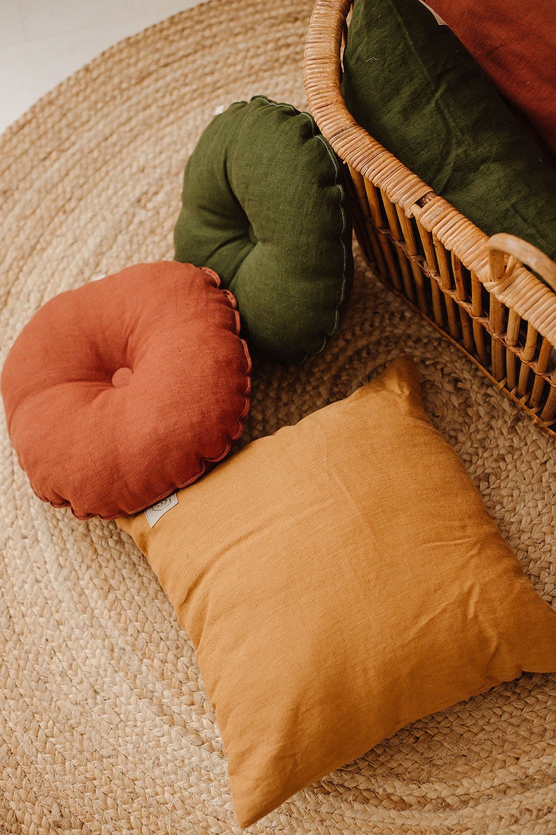 Washed Linen Round Pillow With Button Linen Cushions Rustic Etsy