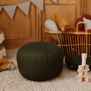 Moss green FLOOR POUF with renovable cover, linen round floor pillow, washable linen floor cushion, pillow seat