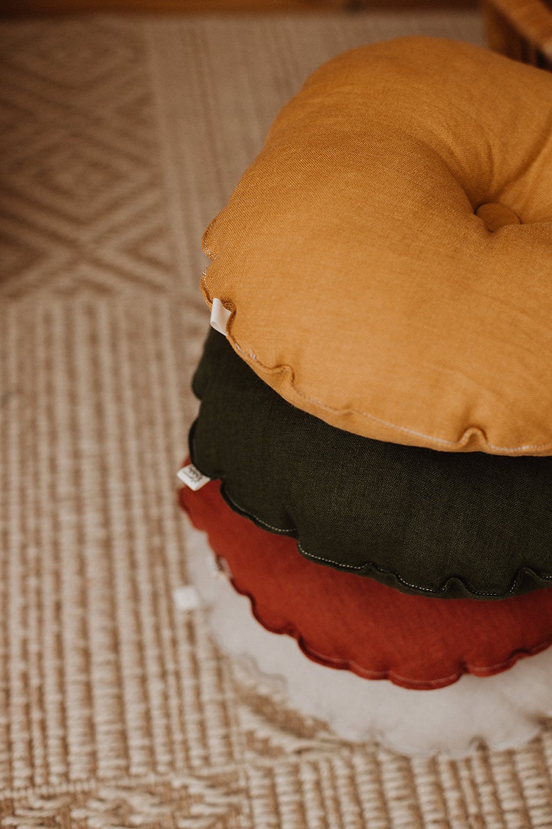 Washed Linen Round Pillow With Button Linen Cushions Rustic Etsy