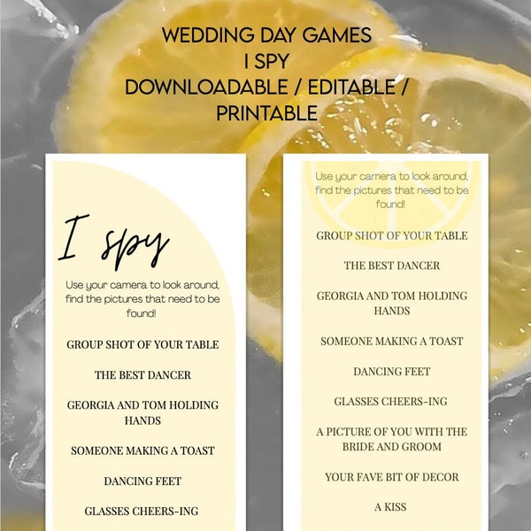 wedding day games | wedding table games | wedding entertainment | table games | lemon theme | wedding eye spy | fun wedding | editable game