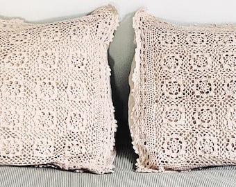 Crochet Pillowcases, One Pair (Two) Boho Crocheted Pillow Shams, Bedroom Decor, Floral Bedding, 70s Decor, Gift for Her, Mother's Day Gift