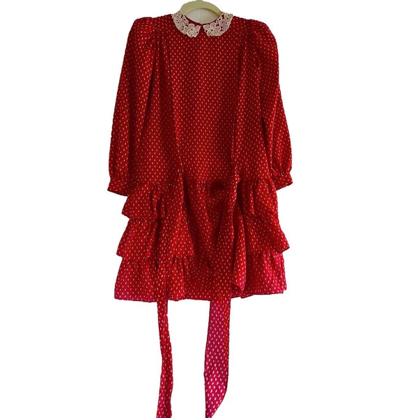 1980s Minidress, Size S, Red Dress for Date, Ruffle Skirt Dress, Puffed Sleeve Minidress with Collar, Paisely Dress