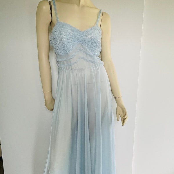 1950s Blue Slip Nightgown, Size L, Vintage Lingerie, Nylon and Chiffon Nightie, Trosseau, Lingerie for Bride, Slip Dress, Something Blue