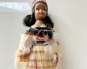 Maori Doll from New Zealand, Real Feathers Straw Skirt, Koruru Necklace, Dolls of the World, New Zealand Travel Souvenir