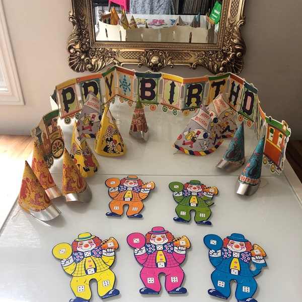 1970s Vintage Party supplies - lot Includes Children's Birthday Hats, Banner and Clown Puzzles by Party-Time Products Ltd.- 17 items Total