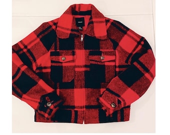 Cropped Plaid Wool Jacket, Size S, Red and Navy Short Jacket, Winter Coat, Vintage Outerwear, Plaid Bomber Jacket