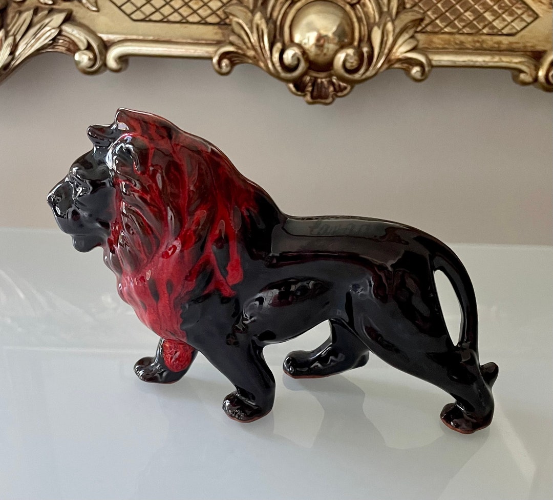 Drip Glaze Lion Statue, Vintage Pottery Lion, 70s Drip Glaze Ceramic