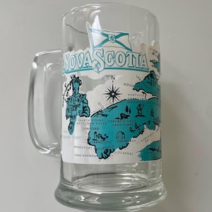 Verre à bière vintage de la Nouvelle-Écosse, chope de bière, verre de pinte des années 1960 avec carte de la Nouvelle-Écosse
