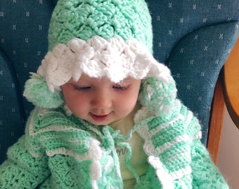 Hand Knit Baby Sweater Set, Size 9-12 Months, Mint Green Pom-Pom, Baby Shower Gift, Gift for New Baby