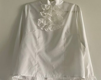 White Jabot Blouse, Size M/L, Loch Linnhie, Made In Britain, Ruffle Front Blouse, Highland Blouse with Ruffle Cuffs, Scarf Blouse