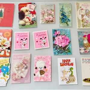 cartes de voeux vintage, lot de 15 cartes de voeux pour animaux morts, diverses occasions éphémères des années 1960, fabriquées aux États-Unis, Carlton, cartes douces nostalgiques