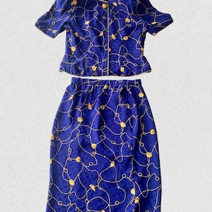 Vintage 1980s Blue Silk Two-Piece Dress Suit with Nautical Gold Chain Motif