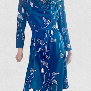 Vintage Midi Dress, Size L, Celadon Blue 1970s Dress, Vintage Wedding Guest Dress, Midi length