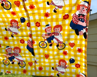 1980s Raggedy Ann and Andy Sheets, Pair of 1980s Doll Print Fabric Curtains, Sheets, Table Linen, Heavy Cotton, Playroom