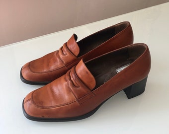 Vintage Leather Shoes, Size 5.5, Penny Loafers with Wedge Heel, Orange-Tan Leather, Penny Loafers, Ferrerias Portugal, 1970s Shoes,