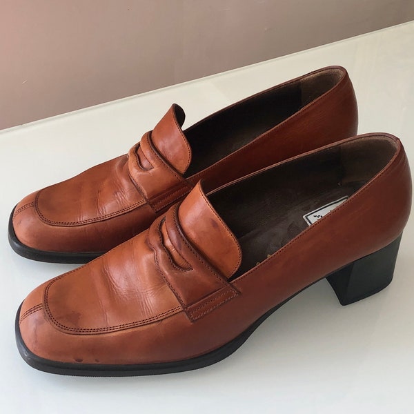 Vintage Leather Shoes, Size 5.5, Penny Loafers with Wedge Heel, Orange-Tan Leather, Penny Loafers, Ferrerias Portugal, 1970s Shoes,