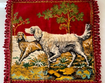 Vintage Velvet Cushion Cover, Hunting Dogs Tapestry Cushion Cover, Made in Italy, Fringed Pillowcase, Regencycore, Burgundy Sofa Cushion