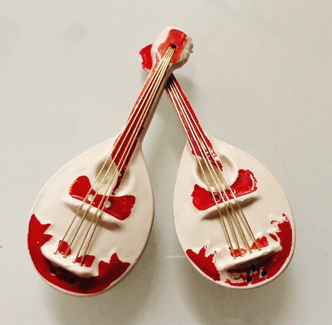 Vintage Salt and Pepper Shakers, Mandolin Figurines, Red and White