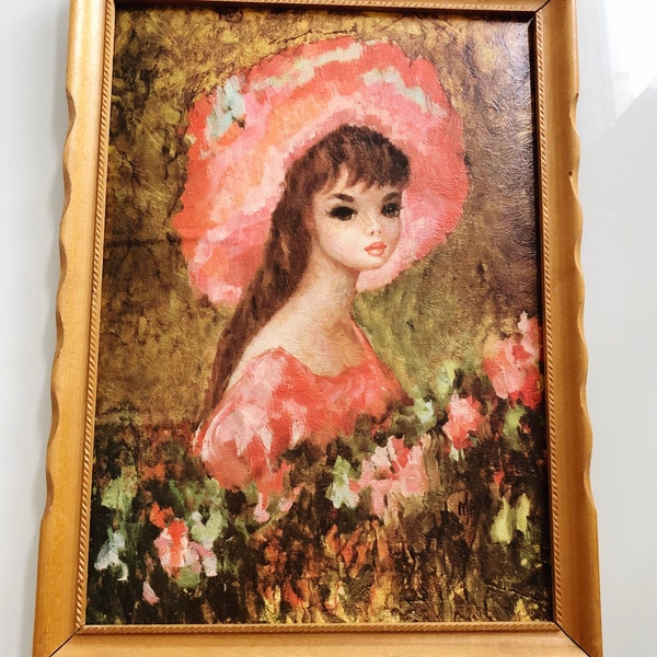 Framed Vintage ‘Sunbonnet Sue’ Fine Print Reproduction Painting by MAIO, Big Eye Cardboard 1960s MCM