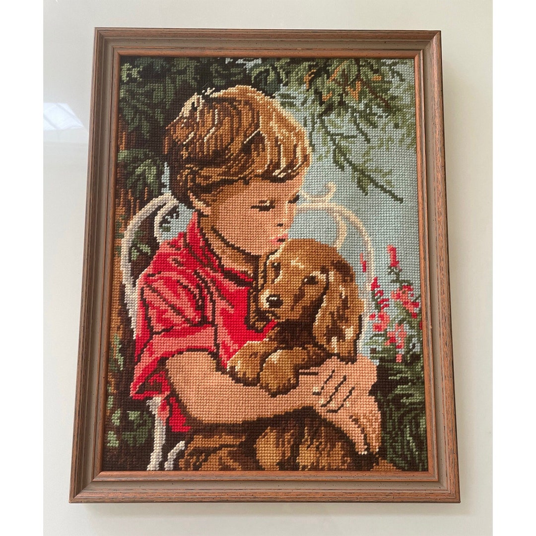 Canine Wall Art, Needlepoint Framed Boy Dog Spaniel Puppy Portrait Wall