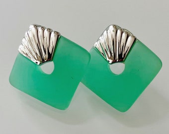 1980s Stud Earrings, Art Deco Style Earrings, Green and Silver Shell Earrings