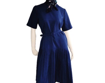 1970s Dress, Navy Size Large Blue Midi Dress with Belt, Pleated Short Sleeve Dress, Office Dress, Drop Waist Dress, Wedding Guest Dress