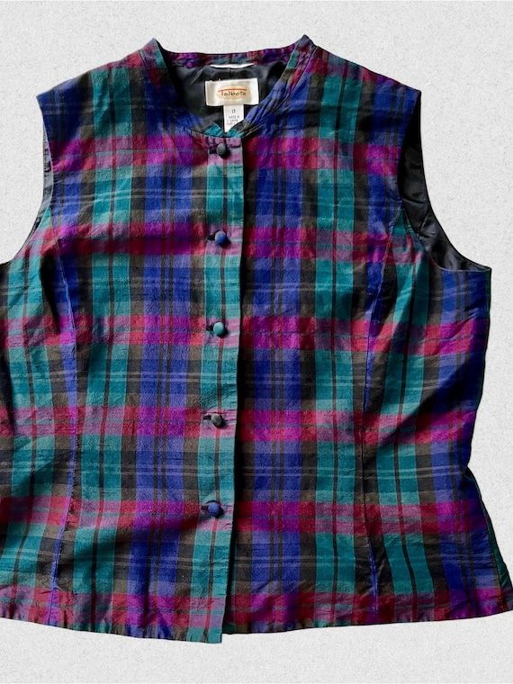 Vintage Talbots Purple & Teal Plaid Silk Sleeveless Shirt