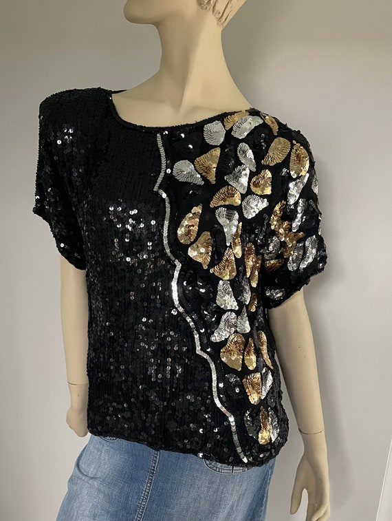 1980s Silk Sequin Top, Size M, 100 Percent Silk, … - image 1