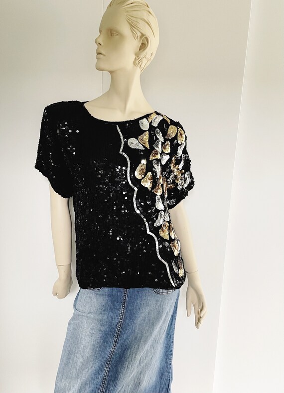 1980s Silk Sequin Top, Size M, 100 Percent Silk, … - image 3