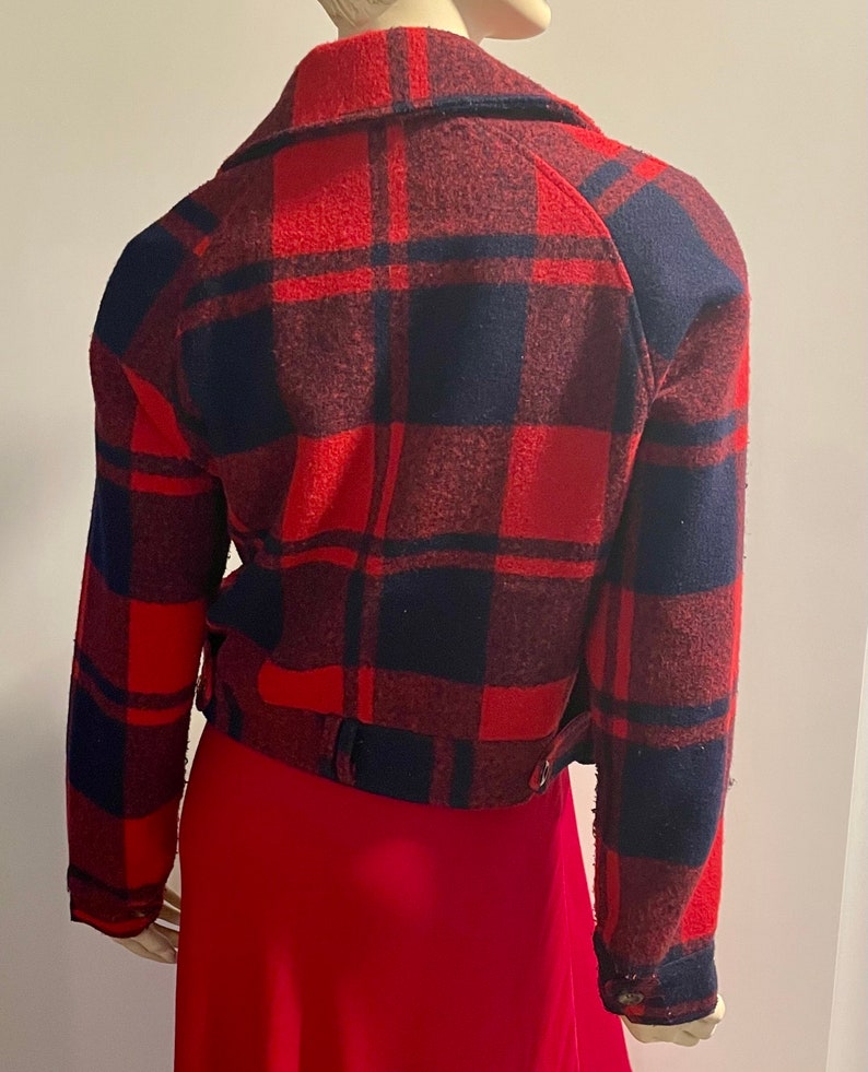 Cropped Plaid Wool Jacket, Size S, Red and Navy Short Jacket, Winter