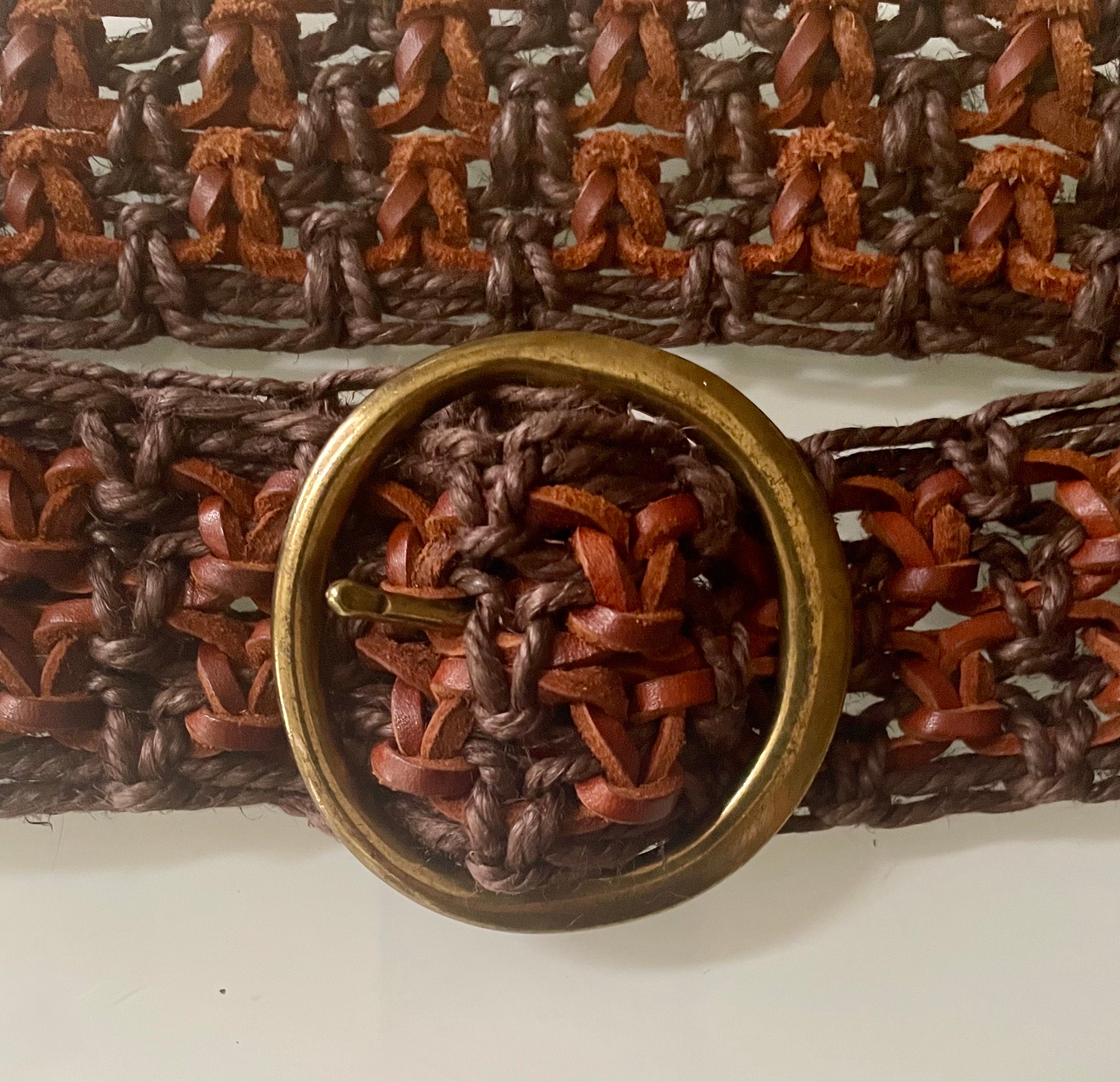 Y2K Woven Leather Belt: Wide Hemp Braided Belt With Brass  display picture 2