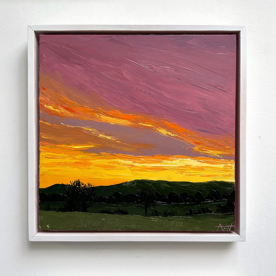 PINK SUNSET PAINTING Original Textured Palette Knife Artwork, Impressionist Oil Painting, Framed