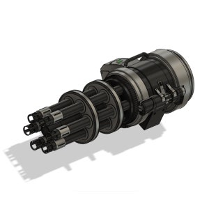 May include: A black and silver 3D model of a futuristic, multi-barreled gun with a handle and a rotating mechanism.