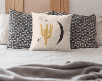 Home Decor Gift Accent Crescent Moon Pillows, Cactus Throw Pillows, Square Throw Pillow 18x18 Faux Linen