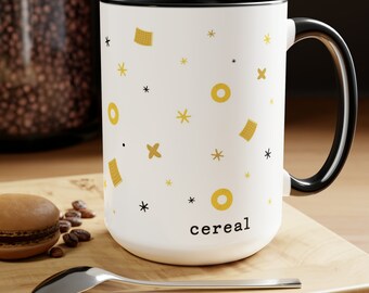 White Ceramic Mug with Black Handle, Ceramic 15 oz mug, Cereal Mug, Lucky Mug, Coffee Mug 15 oz