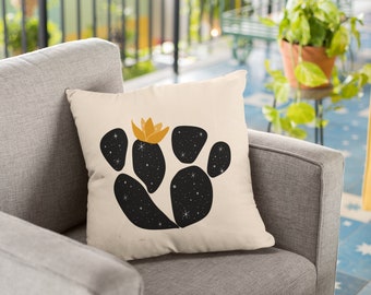 Cute Throw Accent Pillow In Black And Neutral Palette, Desert Decor Decorative Pillow 18X18 Faux Linen