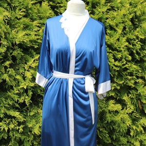 Silky Blue and White Nylon Peignoir / Vintage Ankle Length Blue and White Nylon Robe / Blue Summer Robe / Fits Many